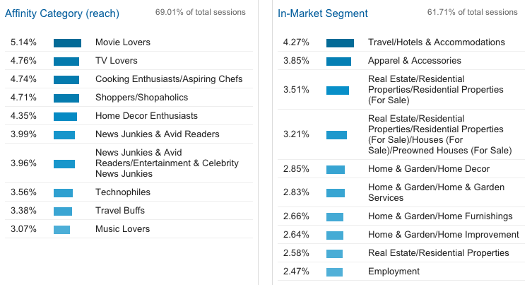 Demograhics data showing website viewers affinity and in-market segments.