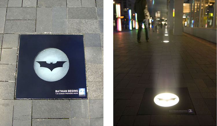 This Batman ad used section of clear vinyl adhered over light fixtures to emulate the iconic batsignal.