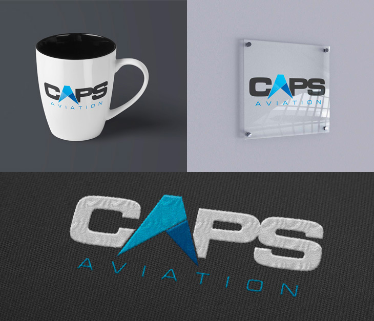Mockups of different potential logo applications including on a mug, an office sign, and embroidered on fabric.